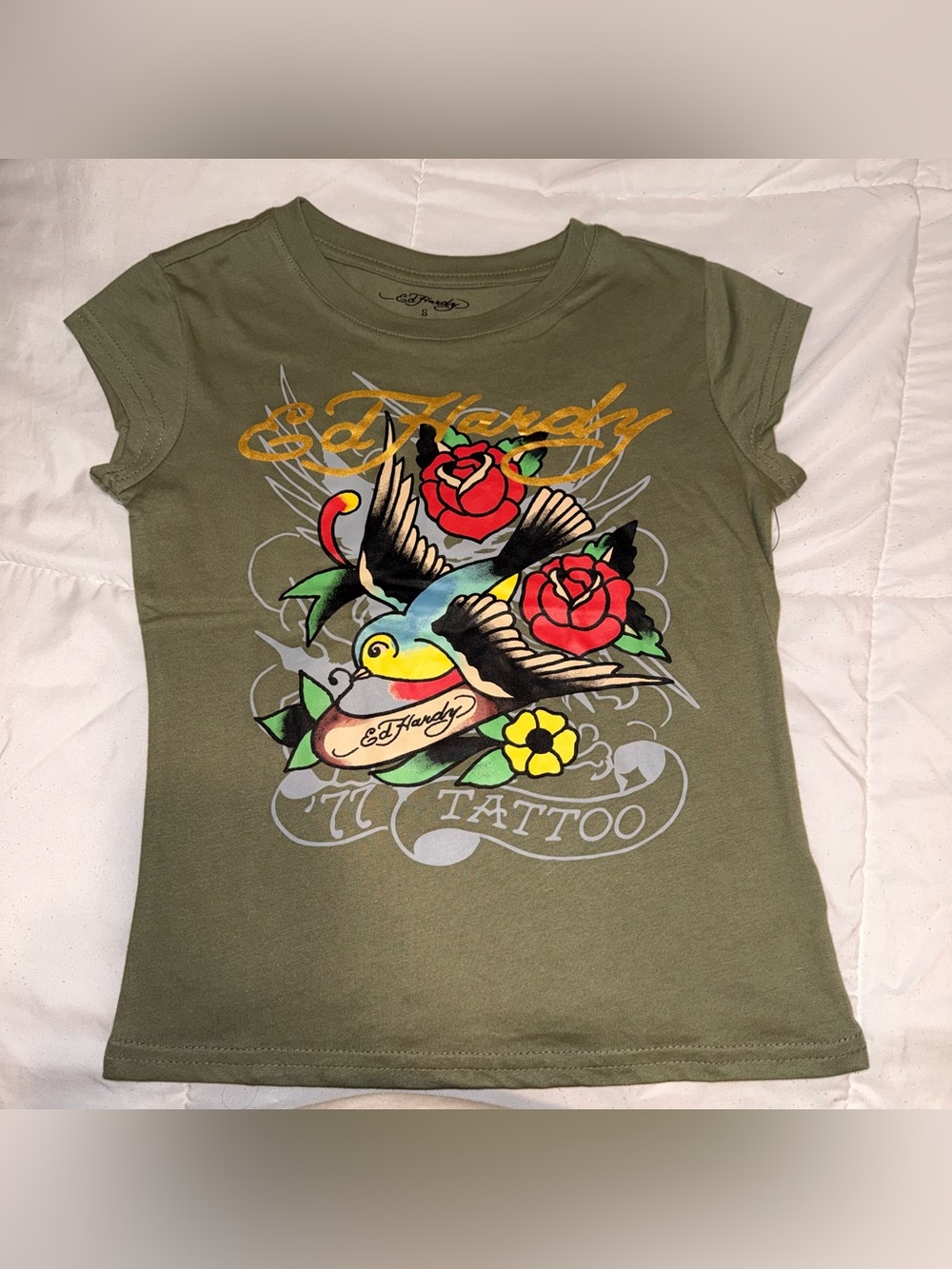 Ed Hardy Olive Green Short Sleeve Tee with Colorful Tattoo Swallow